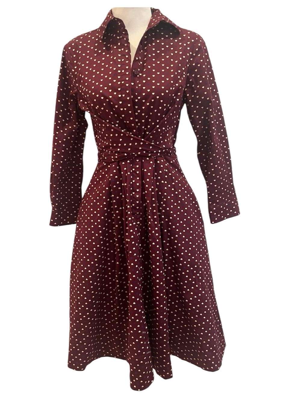 Hobbs London Classic Burgundy Heart-Print Tie-Waist Shirt Dress Cotton Small 2